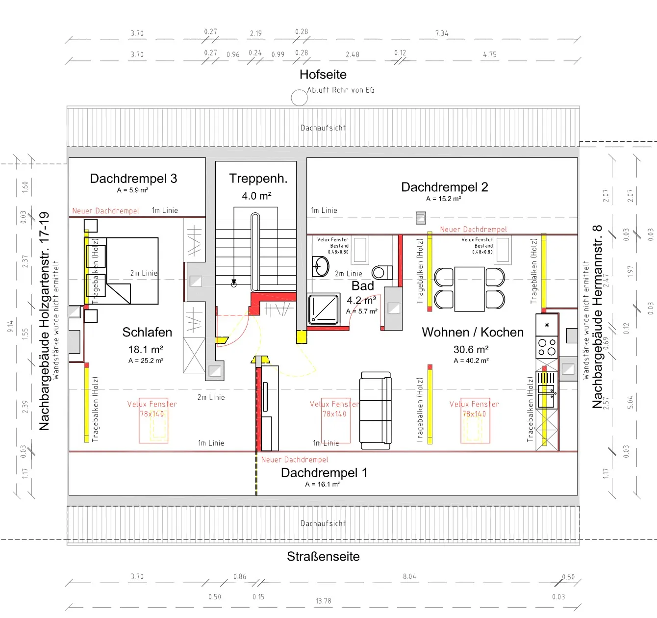 Maßstäblicher Grundriss eines Dachgeschosses