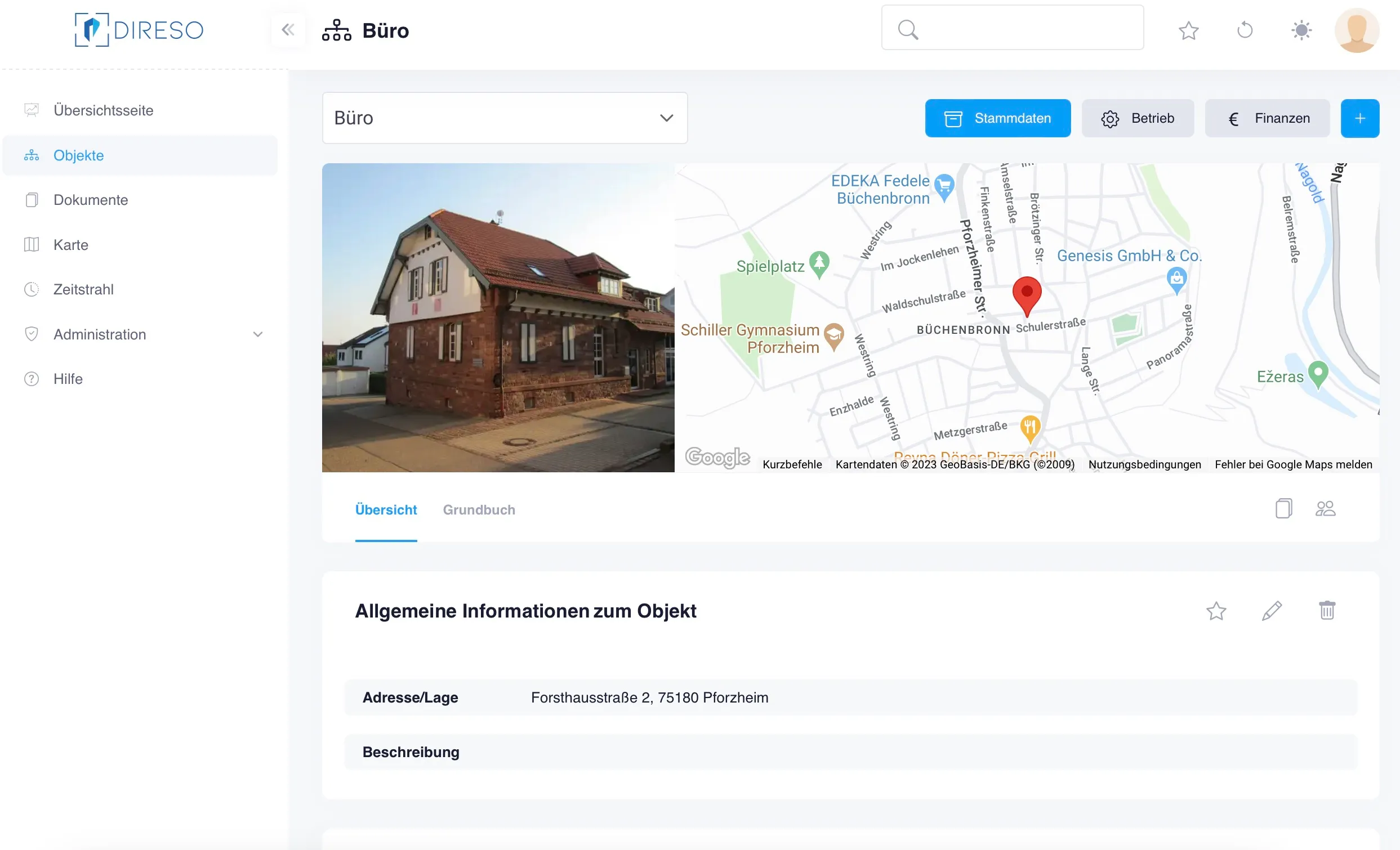 Objektansicht der DIRESO Plattform mit Foto, Karte und Objektdaten
